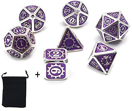 DollaTek 7PCS Polyedrisches Metallwürfelset mit schwarzer Aufbewahrungstasche für Rollenspiele Dungeons and Dragons D & D Math Teaching (Ausrüstung Silber und Lila)