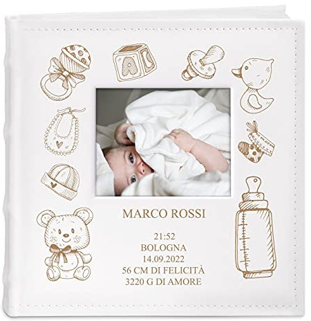Maverton Album Foto Personalizzato - Copertina in Pelle Sintetica con Finestra per Foto - Album Fotografico Personalizzabile 100 pagine - 200 foto 10x15cm - Regali Neonato Compleanno - Felicità