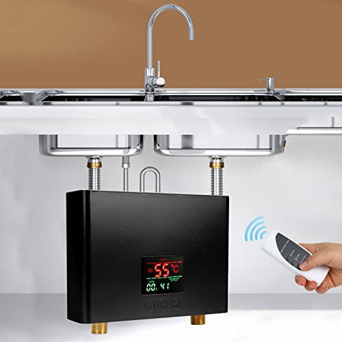 GDWD Mini Termo Eléctrico, calentador de agua instantáneo sin tanque de 3500 W, con pantalla LCD, protección contra fugas, ducha de apagado automático y sistema de agua caliente (negro)