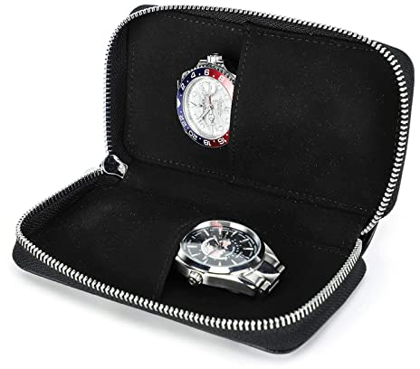 Hiram Uhr Travel Case für 2 Uhren Handgemachte Leder Uhren Aufbewahrungsbox Tragbare Uhr Reise Organizer (Schwarz)