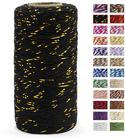 LEREATI Kordel Golden und Schwarz Bindfaden 2mm x 100m Baumwollfaden Bäckergarn Küchengarn Bastelschnur Paketschnur Dekokordel für DIY Kunstgewerbe Gartenarbeit Geschenke Verpacken Weihnachten