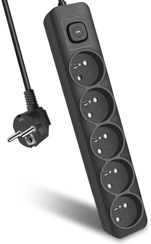 EXTRASTAR Multiprise Noire 5 Prises, Prise Multiple avec Interrupteur, Rallonge Electrique 1,5m 3G1,0 mm², 16A/250V 3680W, Multiprise avec Sécurité Enfant