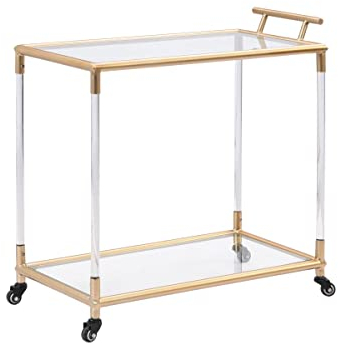 Vente-unique-Mesa Auxiliar de Cocina con Ruedas Doble Tablero de Cristal Templado y Metal - Transparente y Dorado - ORULA