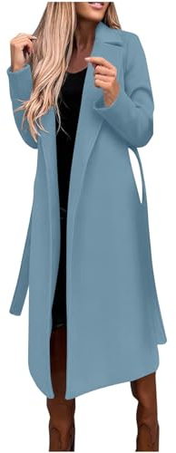 Wollmantel Damen Lange Winterjacke Elegant Einfarbig Trenchcoat Langarm Reverskragen Jacke Dicke Warme Wolljacke Windbreaker mit Verstellbarer Gürtel Locker Wintermantel Windjacke Mantel Outwear