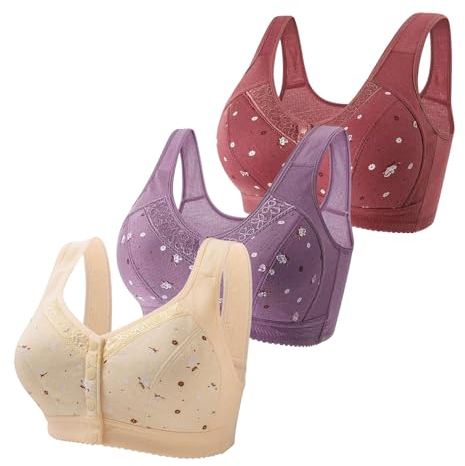 Generic Prime Deals Today 3 Pc Daisy Bras for Older Women Full Coverage Front Closure T Shirt Bra No Underwire Comfort Hides Back Fat Bralette Multicolor D