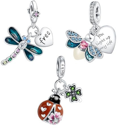 Rimgoris 925 Sterling Silber Damen Armbänder Halskette Insektenserie - Firefly, Marienkäfer, Libelle Charm 3er-Pack