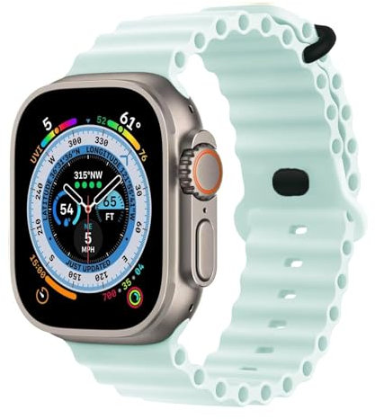 MroTech Bracelet de rechange en silicone Ocean compatible avec Apple Watch Ultra2/Ultra 49 mm, 46 mm, 45 mm, 44 mm, 42 mm pour iWatch Série 10 9 8 7 6 5 4 3 2 1 SE SE2 Bleu glacier/noir