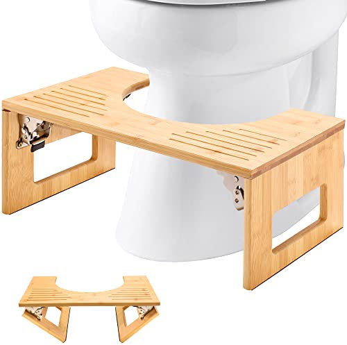 MallKing Toilettenhocker Erwachsene aus Bambus, Klohocker, Kackhocker, 7 Zoll, Toilettenhocker Klappbar, Töpfchenhocker, Badezimmerhocker mit Rutschfester Matte für Erwachsene, Natur