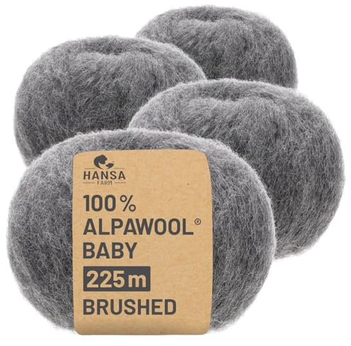 HANSA-FARM |Alpawool 100% Baby Alpaka Brushed 200g Set (4 x 50g) leichte und kratzfreie Wolle zum Stricken & Häkeln - NFA12 Dunkelgrau