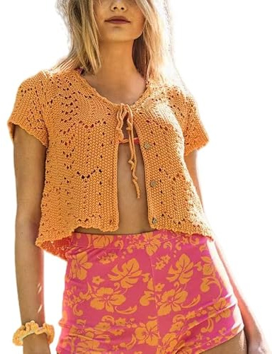 Cardigan Femme Chic et Elegant,Cardigan Court À Nouer pour Femme Léger Ajouré Crocheté Châle Élégant Boléro Tricoté Veste D'Été pour Couvrir Les Maillots De Bain et Les Robes