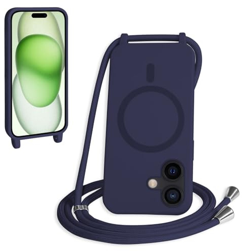 FMPCUON Magnética Funda con Cuerda para iPhone 16 Plus Compatible con Magsafe,TPU Antigolpes Protectora Silicona Case Carcasa con Ajustable Cordon Colgante Cadena,Azul