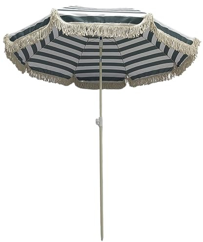 Premium 2M Garden Umbrella Parasol with Tilting Cream Pole UPF 50+ Portable Outdoor Patio Canopy Stylish Tassel Design for Lawn Pool and Yard Use