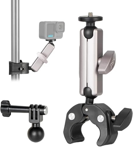 HSU Motorcycle Bike Camera Handlebar Mount with 360° Swivel Dual Ball Head | Super Clamp Clip 20-50mm Camera Pole Holder Bracket Mount with Action Camera Adapter for GoPro Insta 360 Osmo Action