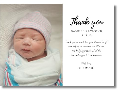 Copy King Baby Thank You Cards with Envelopes, Personalized Photo Birth Announcement Cards, 5x7 inches, 25 Cards