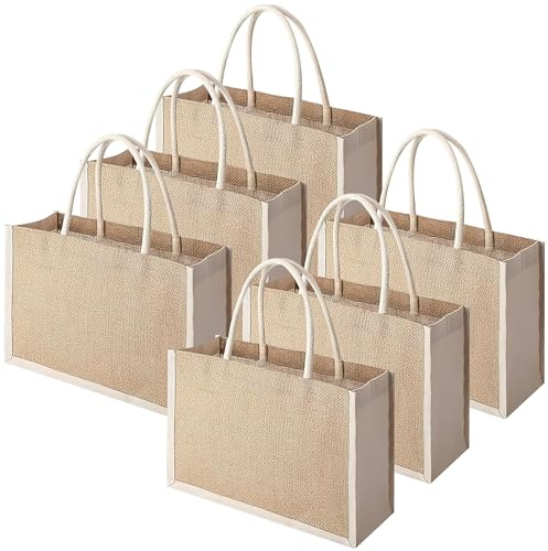 HFZCV 6 Stück Jute Tote Bag, Jutetasche Shopper, Wiederverwendbare Burlap Tote Bags, Personalisierte Jute Tasche mit Griffen für Damen Hochzeit Brautjungfer Stickerei Geschenk Taschen
