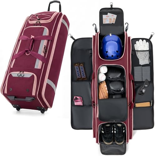 Fanwoli 90L Catchers Gear Bag with Wheels, Rolling Baseball & Softball Bag for 8 Bats, Multi-Pockets, Shoe Compartment, Reflective Strip, Fence Hook, Portable Equipment Bags for Youth & Adult, Red