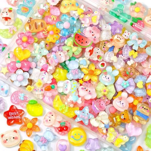 RIIRCSGE 50 Stücke Super Niedlich Slime Charms, Kawaii Deko, Niedliches Kunstharz-Perlen-Bastelset, Tiere 3D Nagel Dekoration für DIY Craft Making Scrapbooking, Wohnaccessoires
