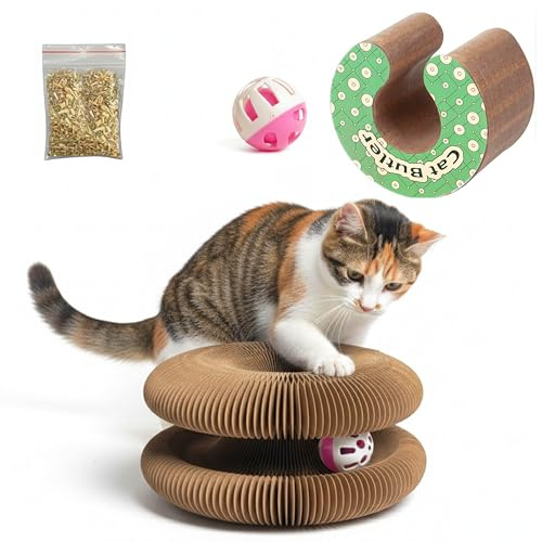 DIVCHI Magic Accordion Cat Scratcher Toy with Rolling Ball Honeycomb Corrugated Flexible Scratching Board Round Cat Track & Catnip Indoor Kitten & Adult Cat