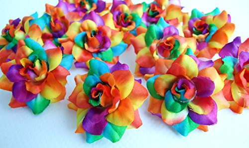 ICRAFY 50 Silk Rainbow Tone Roses Flower Head - 1.75 - Artificial Flowers Heads Fabric Floral Supplies Wholesale Lot for Wedding Flowers Accessories Make Bridal Hair Clips Headbands Dress