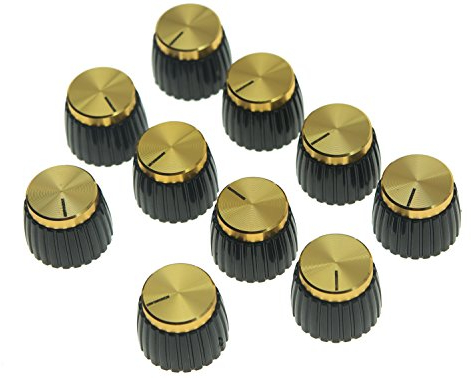 KAISH 10pcs Guitar AMP Amplifier Push on fit Knobs Black with Gold Aluminum Cap Top Fits 6mm diameter Pots Marshall Amplifiers