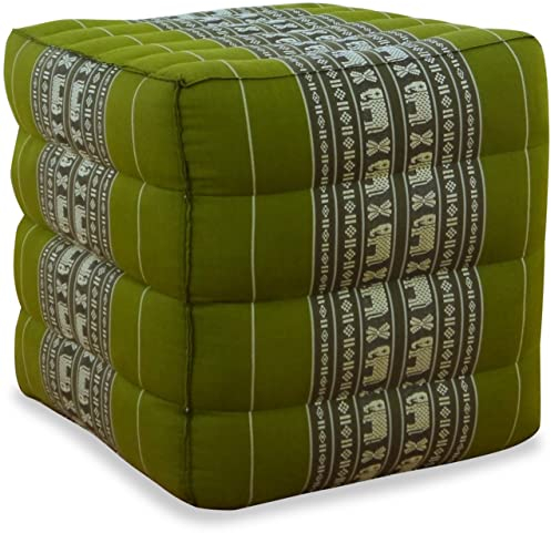 livasia Würfelkissen quadratisch - 40x40x40cm - Sitzhocker mit organischem Kapok, Sitzpouf, Lagerungswürfel viereckig, Bodenkissen Hocker Fußbank Fußhocker handgefertigt (Grün/Elefanten)