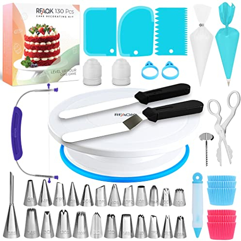 Cake Decorating Kit Tools - RFAQK 130 Pcs Cake Turntable -Cake Leveller-24 Numbered Icing Tips and Piping bags with Pattern Chart & E.Book -Straight and Angled Spatula and other baking set Supplies