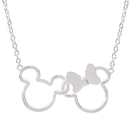 Disney Jewelry for Women and Girls, Mickey and Minnie Mouse Silver Plated Silhouette Pendant Necklace, 18 Chain Mickey's 90th Birthday Anniversary