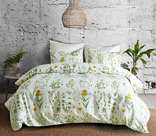 Bettwäsche 200 x 200cm Grün Blumen Pflanzen Muster Microfaser Bettwäsche Set 1 Bettbezug und 2 Kopfkissenbezüge 80 x 80cm