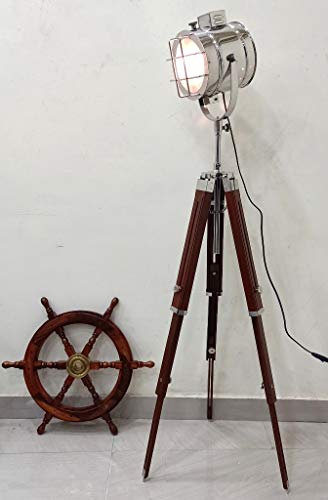 VintageTripod Spotlight Chrome Floor lamp with Wooden Tripod