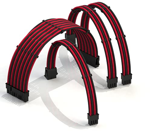 LINKUP - AVA 30cm PSU Kabelverlängerung Ummantelt GPU Nach Maß PC Stromversorgung mit Kamm-Kit | 1x 24 P (20+4) | 1x 8 P (4+4) CPU | 2X 8 P (6+2) GPU Set | 300mm - Rot Schwarz