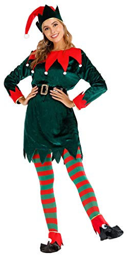 EraSpooky Damen Weihnachten Elfe Kostüm Faschingskostüme mit Hut Strumpf Überschuh Gürtel Cosplay Party Karneval Fastnacht Kleid für Erwachsene