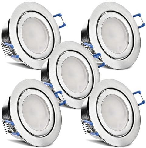trendlights24 Mare LED Decken Einbaustrahler IP44 flach dimmbar 5W 5er Set | Edelstahl Optik gebürstet, rund, ultra flach, Einbautiefe 35 mm, 230V, Spots, Warmweiß, 3000k, Feuchtraum, Bad, außen