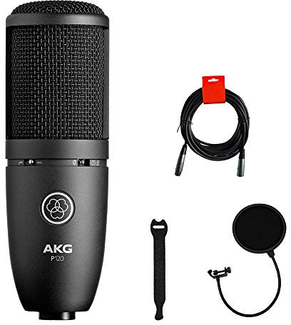 AKG P120 Cardioid Condenser Microphone (Black) with XLR-XLR Cable, Pop Filter & 10-Pack Straps Bundle