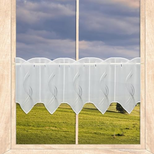 Moderne Scheibengardine Samara mit Ornament-Stickerei aus Plauener Spitze weiß-grau in 3 Höhen (Höhe x Breite 30 x 80 cm)