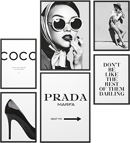 Papierschmiede® Mood Poster Set Coco Schwarz-Weiß, Gerahmte Bilder (Rahmen: Material und Farbe wählbar), Wohnzimmer Deko Wandbilder Schlafzimmer, 2x A3 und 4x A4, Schwarz Weiß Silhouette Fashion Mode