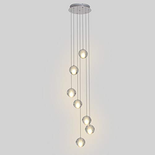 AIRUI 7 Köpfe Kristallkugel Pendelleuchte Modern Drop Lüster Höhenverstellbar Hängelampe Deckenbeleuchtung Für Wohnzimmer Wendeltreppe Halle,Warm White-G4 21W