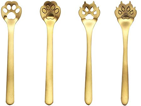 SDFF Cuillères à Expresso Patte de Chat en Acier Inoxydable, 4 Pièces Créative Cuillère à Dessert, Cuillère à Dessert de Dessin Animé de Chat, pour Mélanger Le Café, la Crème Glacée, Le Thé (Doré)