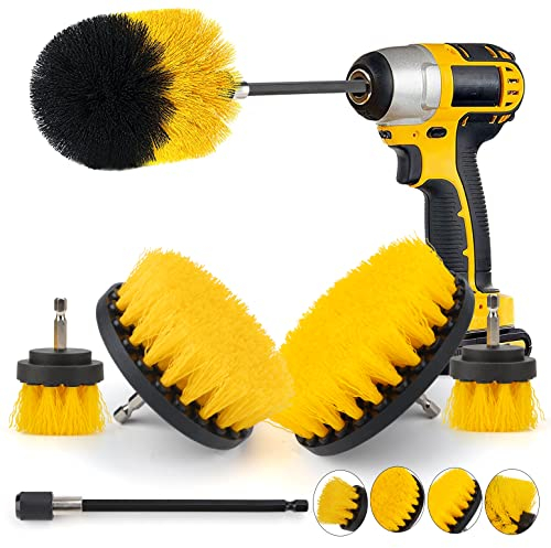 6 Pack Drill Brush Attachment Set - Power Scrubber Cleaning Brushes with Extended Long Attachment for Floor, Grout, Carpet, Tile, Tub, Car Wheels,Toilet, Bathroom Kitchen Surface Clean (Yellow, 6 Pcs)