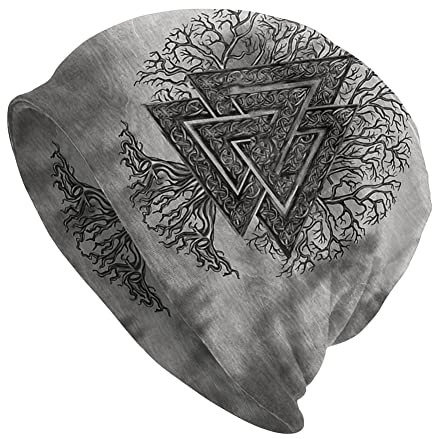 Wikinger Odin Symbol Tattoo Beanie Mütze for Herren, Nordischer Mythos 3D Gedruckte Dünne Mütze Strumpfkappe Headwraps, Fashion Gothic Vintage Double Layer Slouchy Cap
