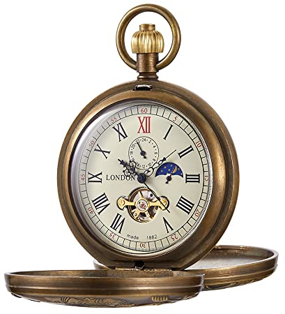 Tiong Vintage Mechanical Pocket Watch Unique Tourbillon Moon Phase Double Open Pocket Watches & Gift Box for Men Women