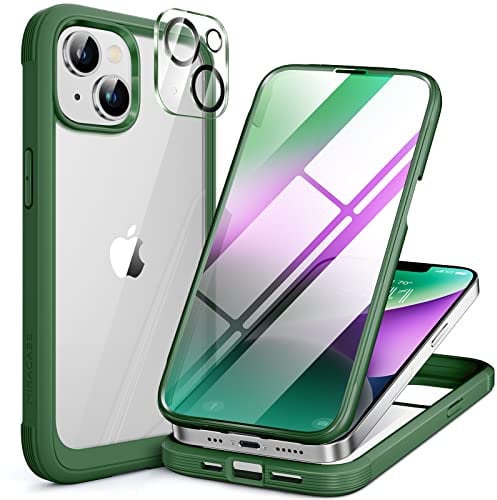 Miracase Glass Case Compatible with iPhone 14 Plus Case 6.7 inch, 2023 Upgrade Full Body Clear Bumper Case with Built-in 9H Tempered Glass Screen Protector + Camera Lens Protector (Alpine Green)