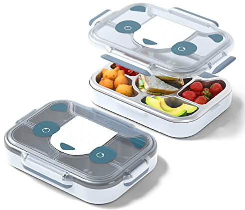 monbento - Kids Lunch Box MB Wonder Panda - Bento Box with Compartments - Stainless Steel Tray - Ideal for Complete Lunches or Snacks at School/Park - BPA Free - Food Grade Safe - Blue