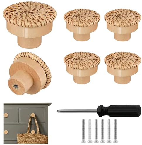 Yqhugbc 6 Pièces Boutons de Meuble en Rotin, Boutons de Tiroir en Bois Ronds avec Tournevis, Vintage Bois Dresser Boutons de Tiroir Poignée Meuble, pour Tiroir de Meuble