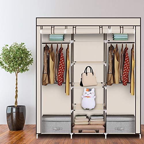 LEADZM Kleiderschrank Faltschrank Stoffschrank Faltbare Garderobe Canvas mit Reißverschluss Stoffschrank Kleiderschrank mit Kleiderstange, Fächern, 150 x 45 x 175 cm (Beige)