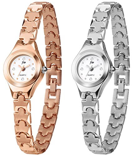 JewelryWe 2pcs Uhren Damen Analog Quarz Armbanduhr Elegant Strass Metallarmband Slim Uhr für Frauen Mädchen Rosegold/Silber
