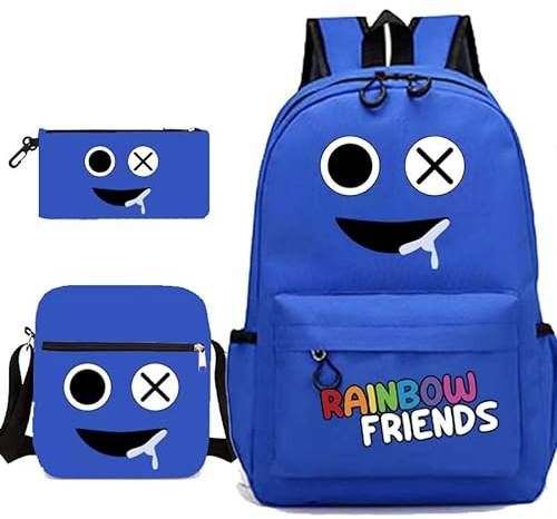 Jilijia Rucksack mit buntem Monstermotiv, Cyan-Looky, Rot, Anime-Spiel-Peripherie-Tagesrucksack, Schultertasche, dreiteilig, Büchertasche, Lunchbag, Stifttasche, 3-teiliges Set, Schatzblau, 45*32CM