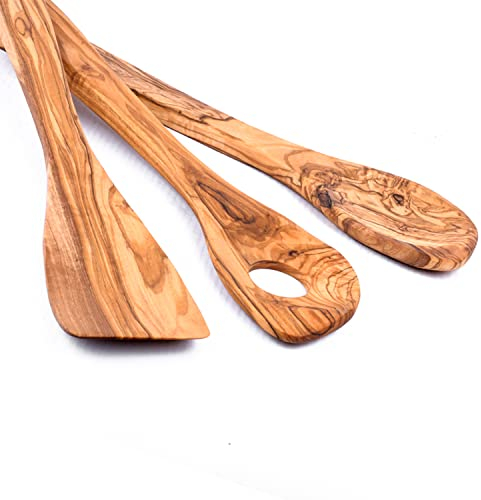 Lot de 3 cuillères de cuisine de qualité supérieure - En bois d'olivier - Rondes + coin + spatule