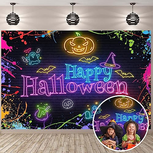 Halloween Backdrop Hallowmas Neon Bats Trick or Treat Spider Web Horror Pumpkin Kids Children Halloween Photography Background Decorations Photo Booth Studio Prop (7X5FT(210X150CM))
