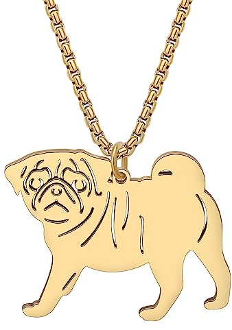 NEWEI Cute Halskette Hund Anhänger 18K Gold Plattiert Edelstahl Mode Haustier Hundeschmuck Geschenke Für Frauen Mädchen Hund Mama Einstellbar Charms (Gold Plated Mops)