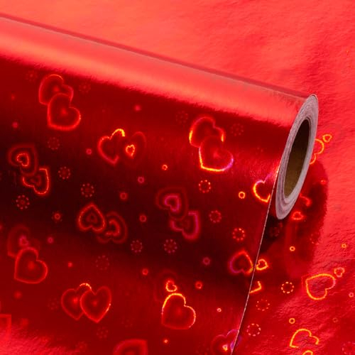 Flyhill Geschenkpapier, Mini-Rolle, 43,2 x 10 m, holografische Folie, Geschenkpapier mit schillerndem Liebesherz, für Valentinstag, Jahrestag, Urlaub, Hochzeit, Babyparty, Rot